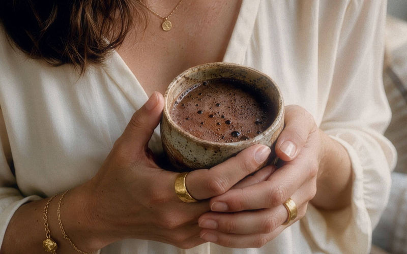 Hände halten eine Keramiktasse mit Kakao